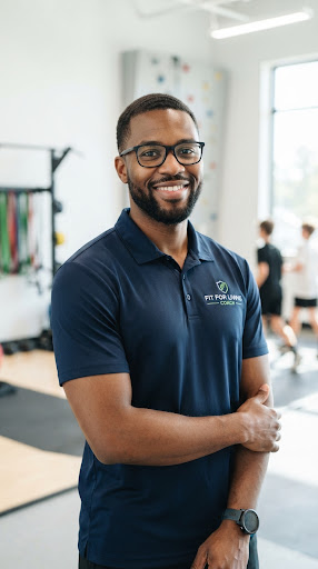Professional portrait of Marcus, male youth and athletic development coach with glasses in navy shirt, high-key natural daylight, friendly authoritative coach demeanor.