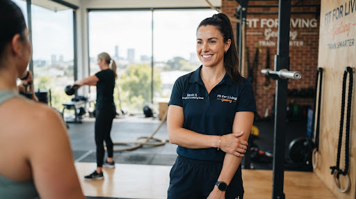 Professional portrait of Sarah, female strength and conditioning coach in navy polo shirt, bright daylight studio setting, authentic warm coaching posture, Geelong fitness professional.