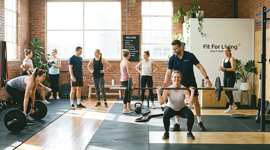 A Fit For Living coach in a navy polo spotting a smiling member through a barbell squat during a small-group session in the sunlit brick-walled gym on Mercer Street, Geelong