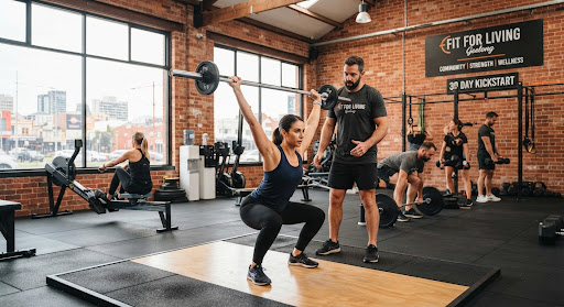A warm, brightly lit boutique gym interior with red brick walls and large industrial windows at Fit For Living in Geelong. A professional male coach attentively assists a woman performing an overhead barbell squat with precise technique. Other focused adults train in the background on timber and rubber flooring, radiating natural daylight, calm encouragement, and architectural clarity.