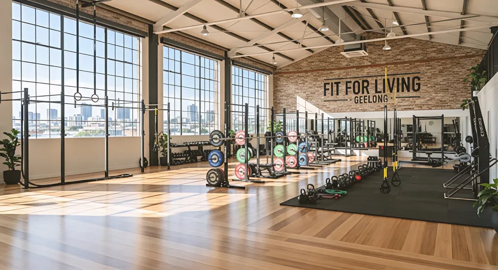 The Fit For Living training floor in full daylight: tall steel-framed windows, a timber floor, racks of colour-coded bumper plates, and the Fit For Living Geelong sign on the brick wall