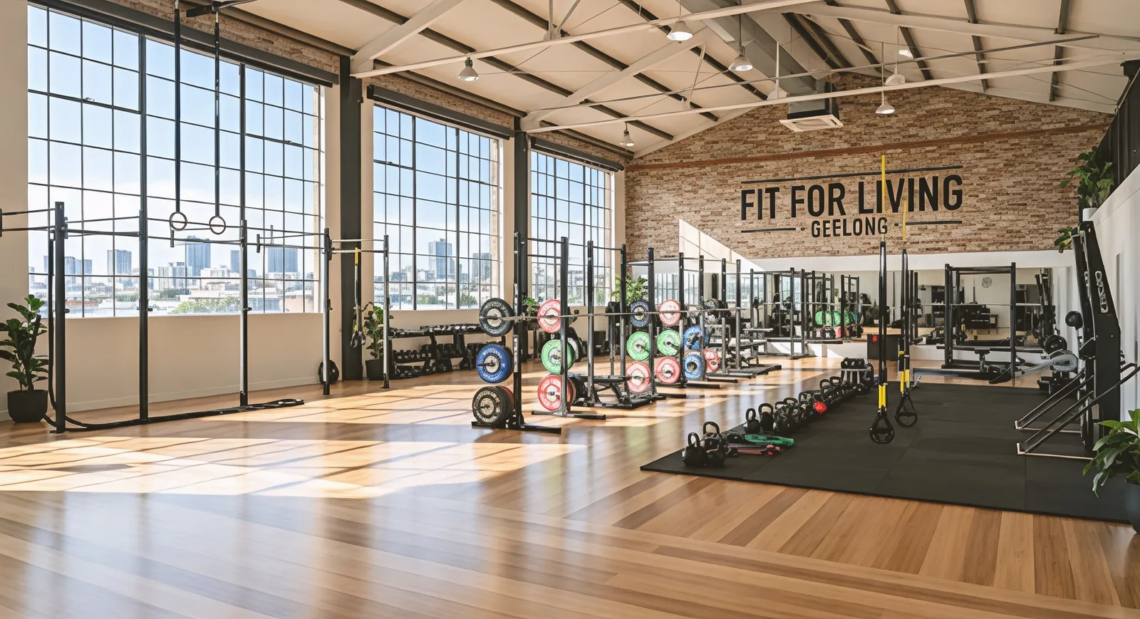 The Fit For Living Geelong training floor in full daylight: tall steel-framed windows, a timber floor, racks of colour-coded bumper plates and a black turf lane, with the Fit For Living Geelong sign on the brick wall