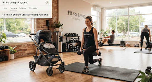 A warm sunlit boutique fitness floor in Geelong Victoria where a mother exercises comfortably while a pram sits safely nearby on timber flooring in natural daylight.