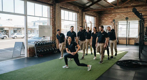 A Geelong business team doing team mobility stretching on the Mercer Street gym floor before the workday begins in crisp daylight.