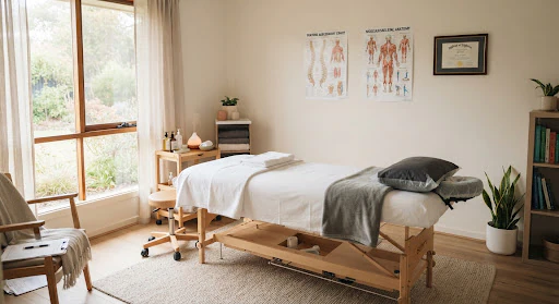 A clean, calm remedial massage treatment room with a therapy table, fresh crisp linens, and allied health posture assessment charts in soft daylight.