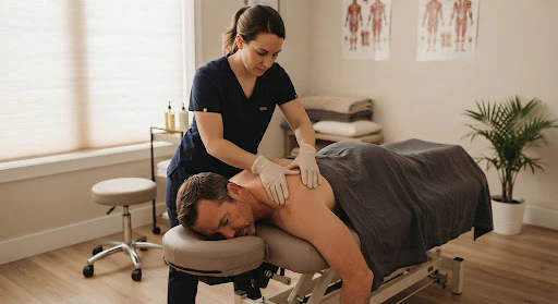 A certified remedial massage therapist conducting targeted soft-tissue treatment on a client's upper shoulder in a calm clinical suite.