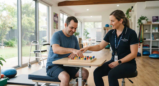 An allied health personal coach working one-on-one with an adult NDIS client on supportive coordination exercises in high-windowed morning light.