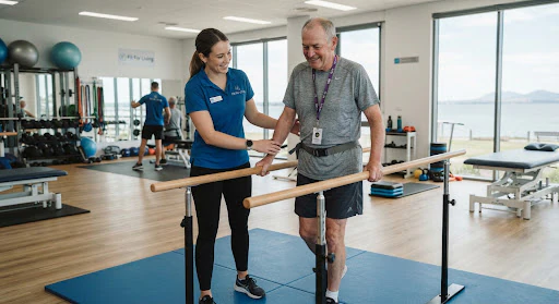 An accredited allied health trainer guiding an NDIS participant through supportive mobility exercises with personalized pacing in an airy Geelong gym space.