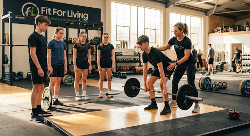 A dedicated teenage training cohort at Fit For Living learning safe barbell deadlift posture from an experienced coach in a sunlit open gym floor.