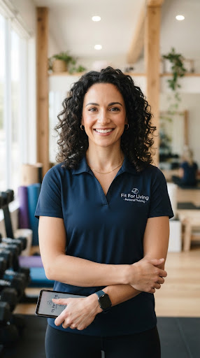 Portrait of female coach with curly dark hair wearing navy polo shirt smiling with confidence in calm natural daylight.