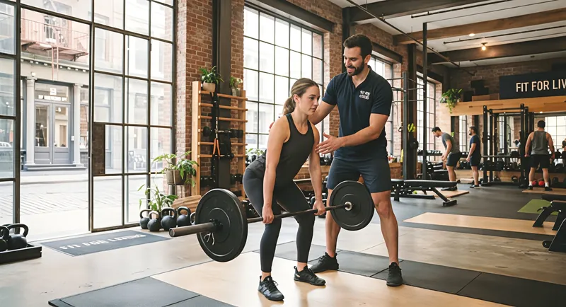 A Fit For Living coach in a navy polo guiding a client through a barbell deadlift in a brick-walled training studio with tall steel-framed windows