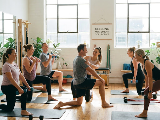 Small group training session in a boutique sunlit fitness studio in Geelong with supportive coach guiding technique